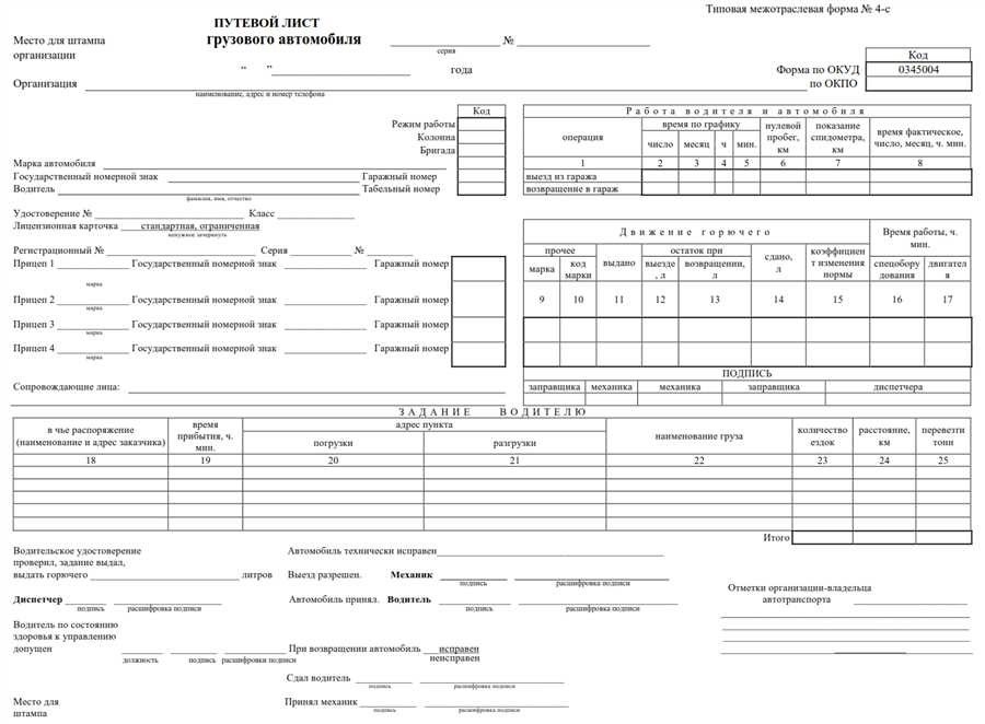 Путевой лист грузового автомобиля индивидуального предпринимателя